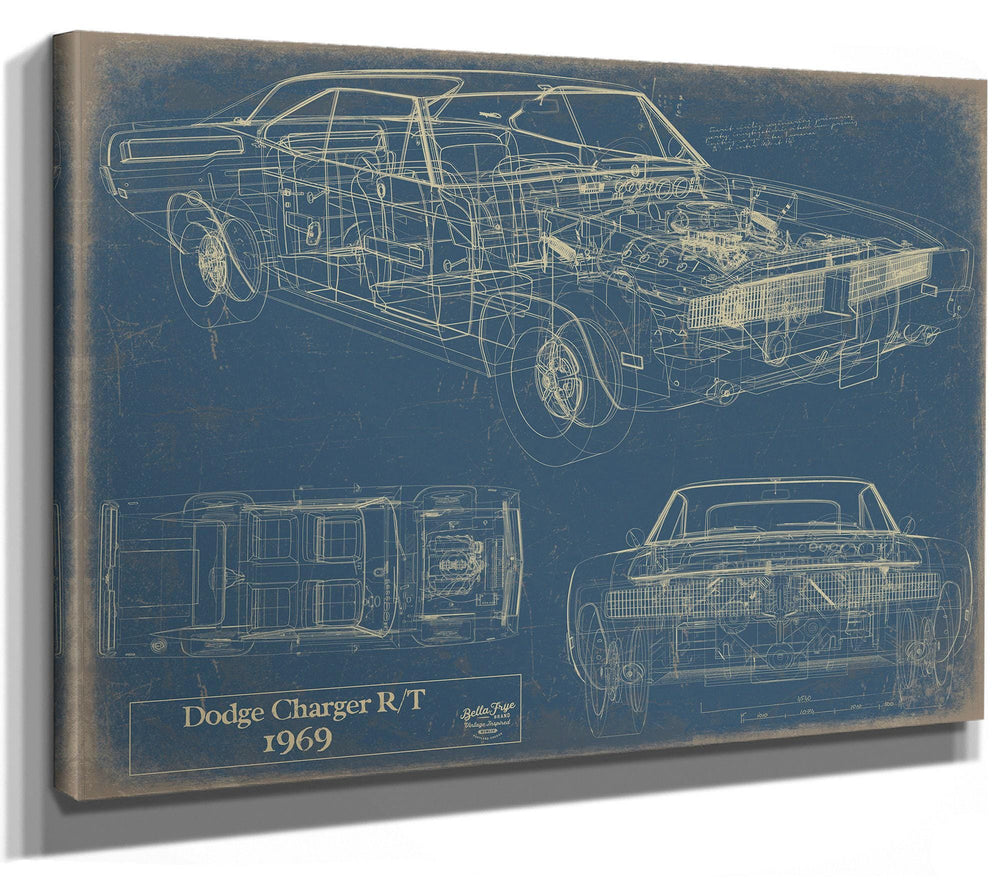 Cutler West 1969 Dodge Charger R/T technical blueprint on blue background, stretched canvas wrap