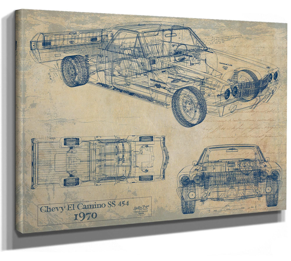 Cutler West 1970 Chevy El Camino SS 454 technical blueprint on brown canvas with three-view engineering drawing.