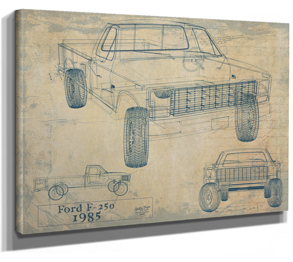 Cutler West Ford F-250 1985 blueprint technical drawing on brown canvas wrap showing multiple vehicle angles