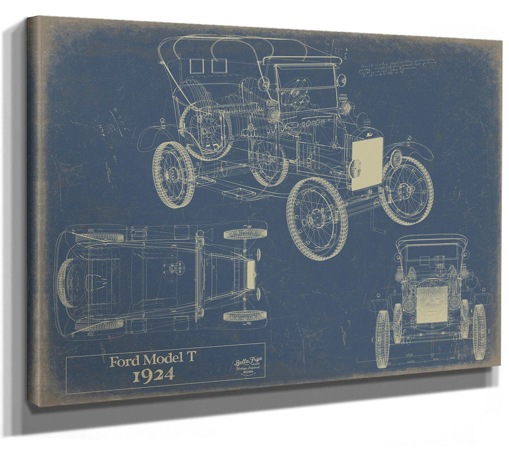 Cutler West Ford Model T 1924 blueprint showing front, side, and top views on blue background stretched canvas