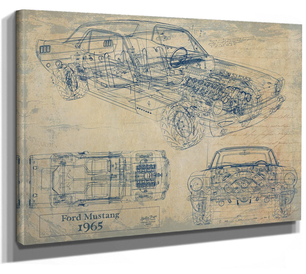 Cutler West Ford Mustang 1965 blueprint with side, top, and front views on brown canvas wrap