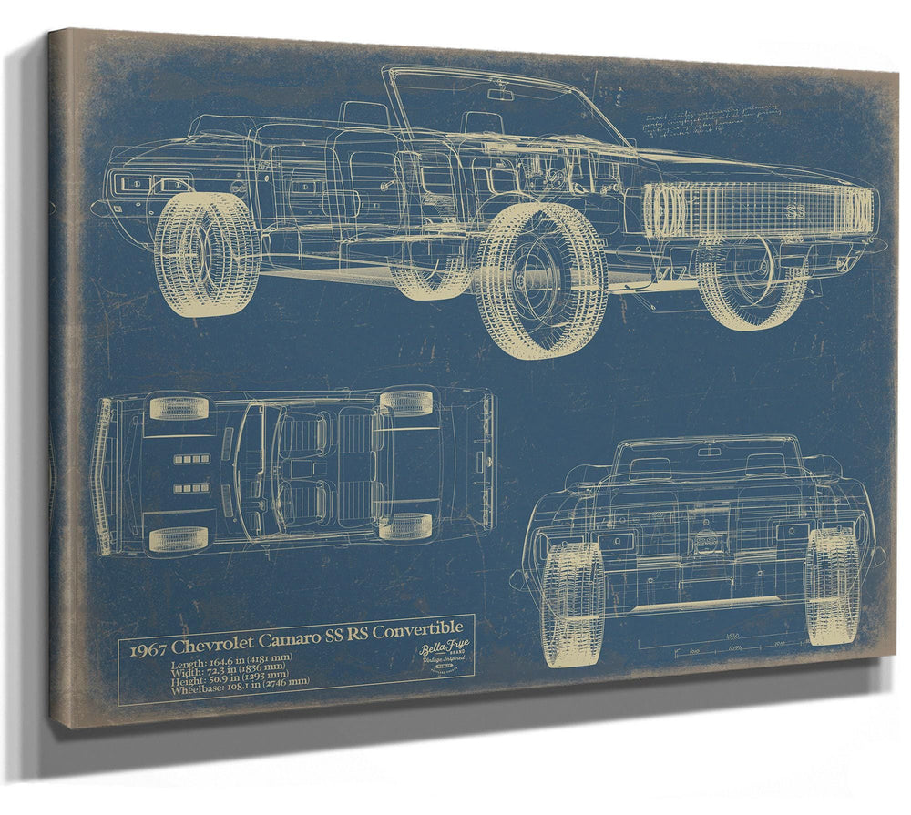 Cutler West 1967 Chevrolet Camaro SS RS Convertible blueprint on blue stretched canvas showing top, side, and front views