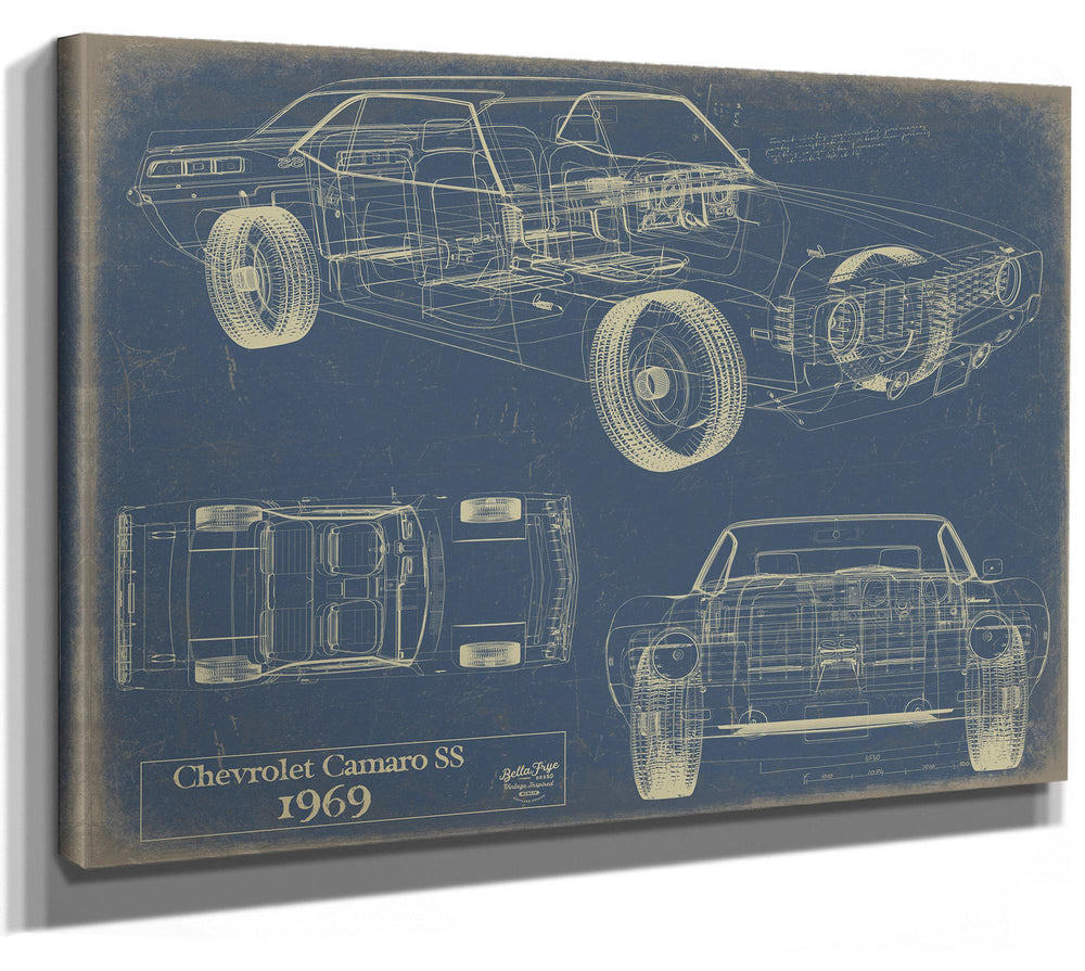 Cutler West 1969 Chevrolet Camaro SS blueprint with multiple views on blue background, stretched canvas wrap