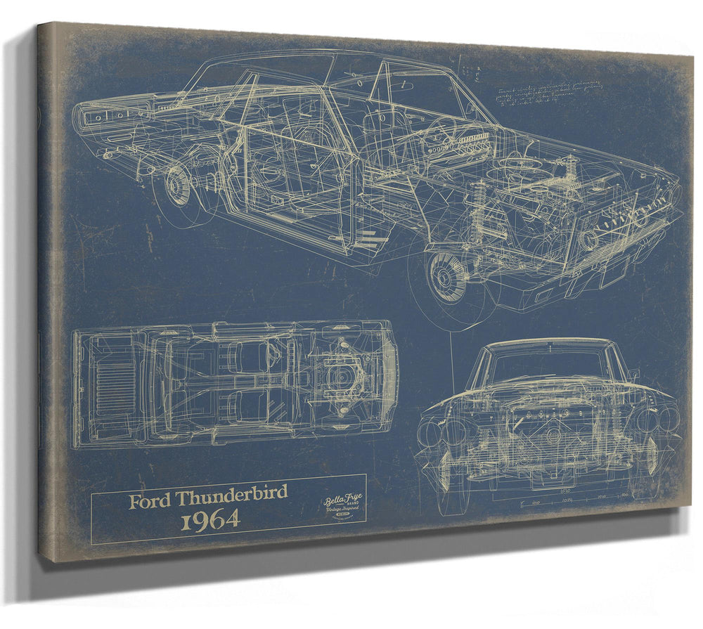 Cutler West 1964 Ford Thunderbird blueprint with side, top, and front elevation views on blue background stretched canvas