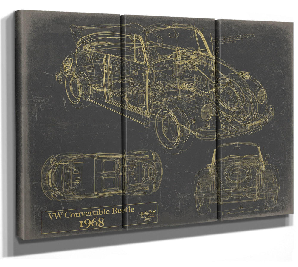 Cutler West 1968 VW Convertible Beetle technical blueprint drawing on brown canvas with three elevation views