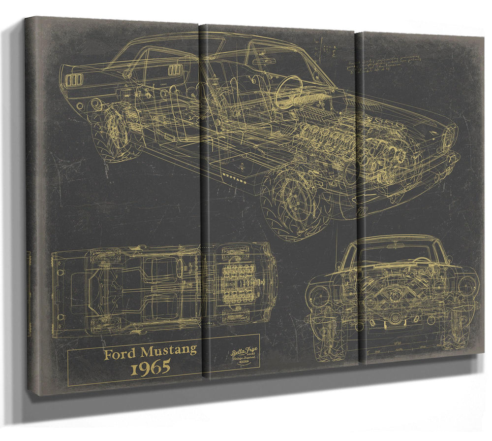 Cutler West Ford Mustang 1965 blueprint with side, top, and front views on brown canvas wrap