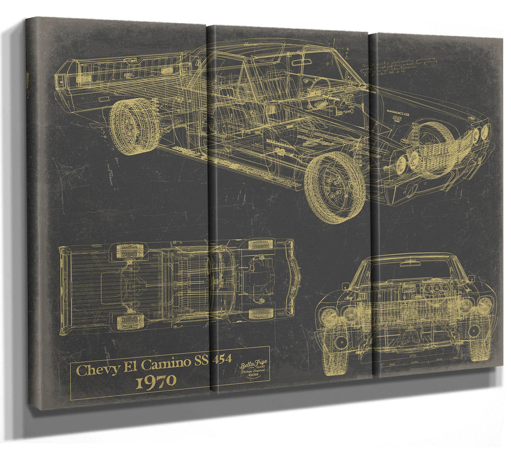Cutler West 1970 Chevy El Camino SS 454 technical blueprint on brown canvas with three-view engineering drawing.