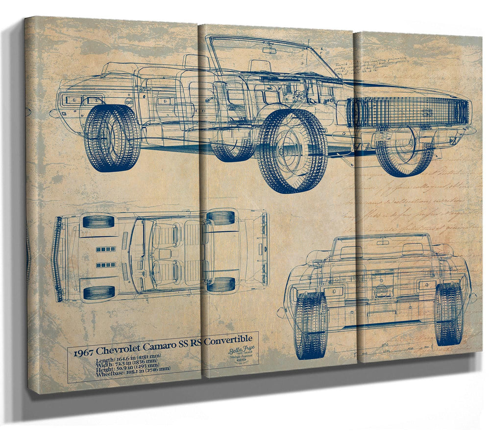 Cutler West 1967 Chevrolet Camaro SS RS Convertible blueprint on blue stretched canvas showing top, side, and front views