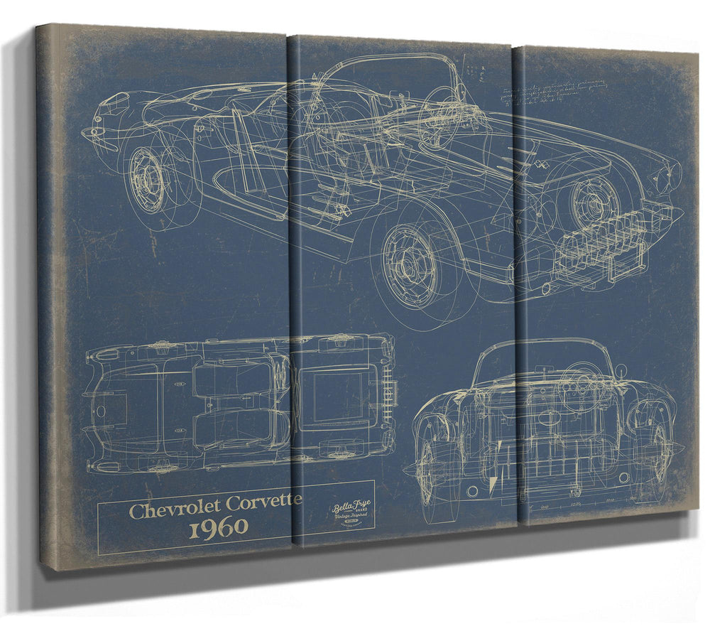 Cutler West 1960 Chevrolet Corvette blueprint with side, top, and front views on tan canvas wrap