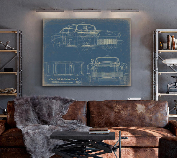 Cutler West Vintage 1957 Chevy Bel Air Police Car Blueprint - Gifts for Boyfriend - Original Auto Poster