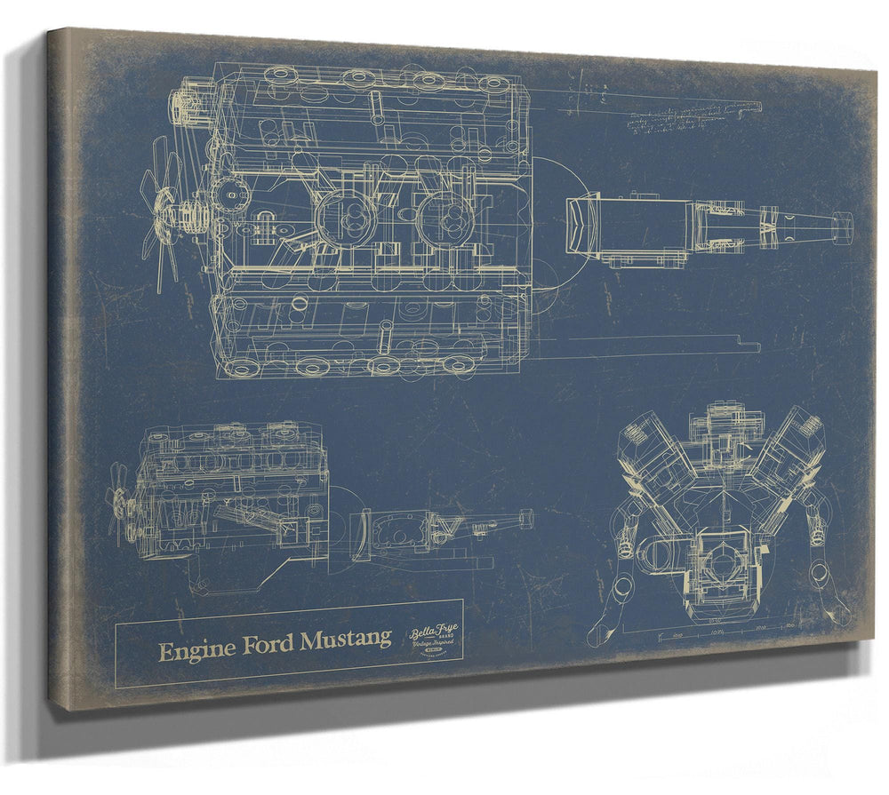 Cutler West Ford Mustang engine blueprint with multiple technical views on blue background, stretched canvas wrap