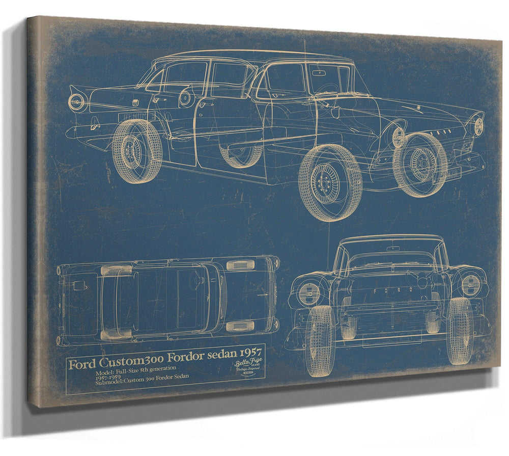 Cutler West Ford Custom 300 Fordor sedan 1957 blueprint with side, top, and front views on blue background stretched canvas