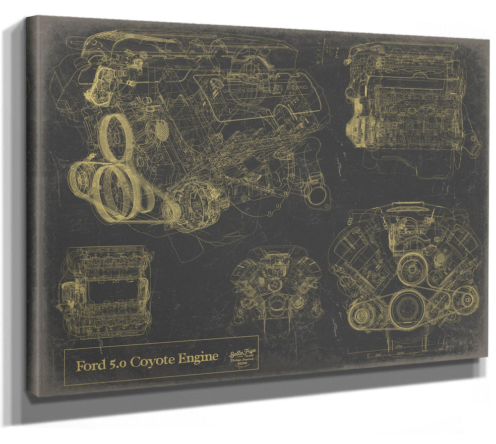 Cutler West Ford 5.0 Coyote Engine technical blueprint on grey stretched canvas wrap with multiple engine views