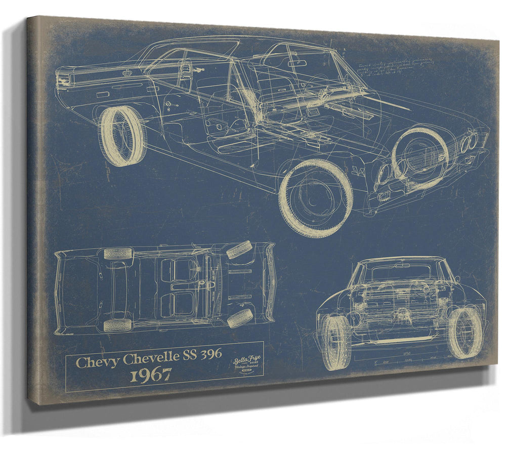 Cutler West 1967 Chevy Chevelle SS 396 blueprint art on stretched canvas wrap with blue background