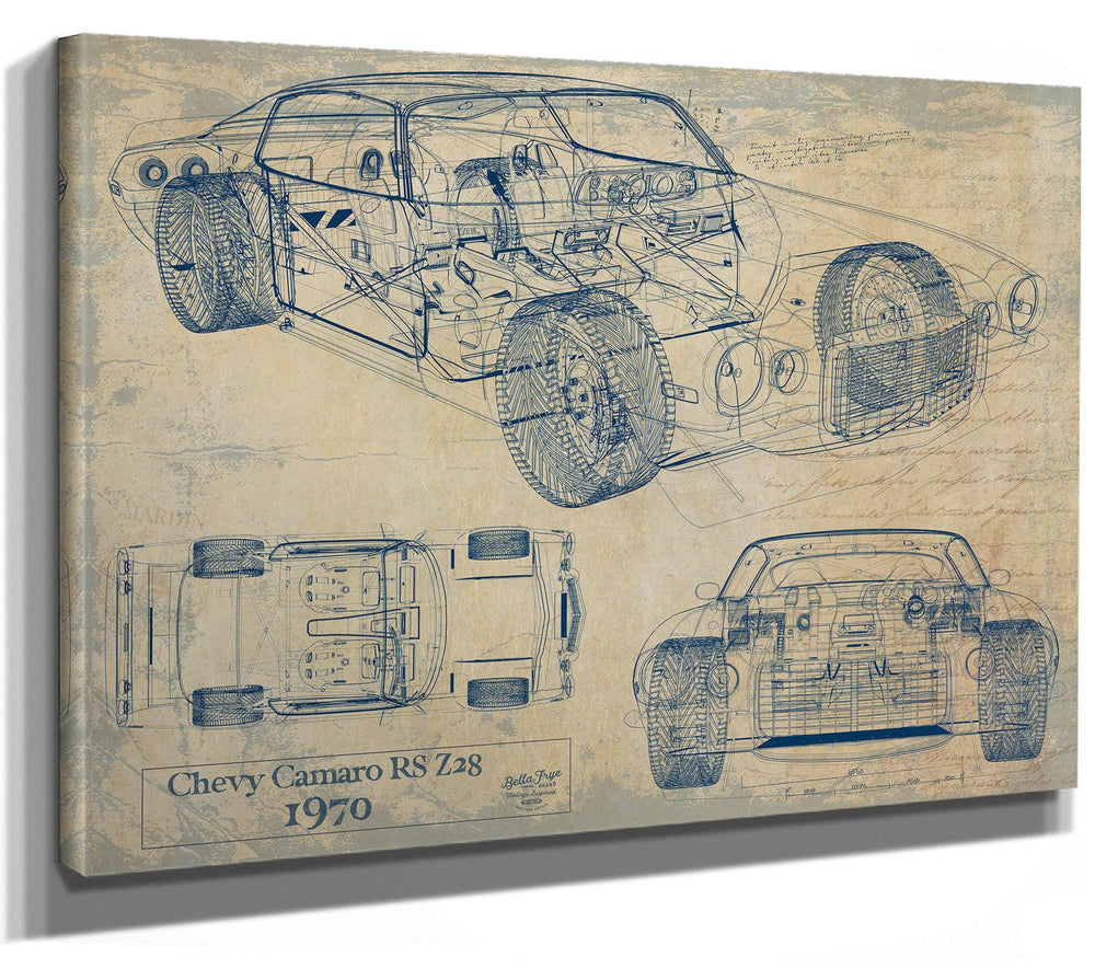 Cutler West Chevy Camaro RS Z28 1970 technical blueprint on brown canvas showing side, top, and front views