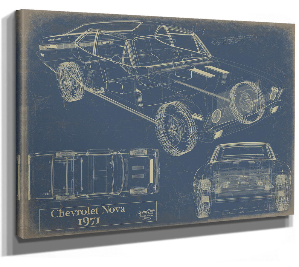 Cutler West 1971 Chevrolet Nova blueprint print on blue stretched canvas showing side, top, and front views