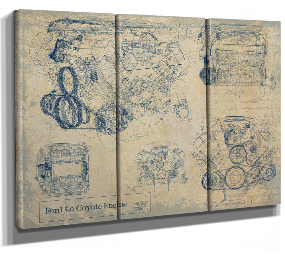 Cutler West Ford 5.0 Coyote Engine technical blueprint on grey stretched canvas wrap with multiple engine views