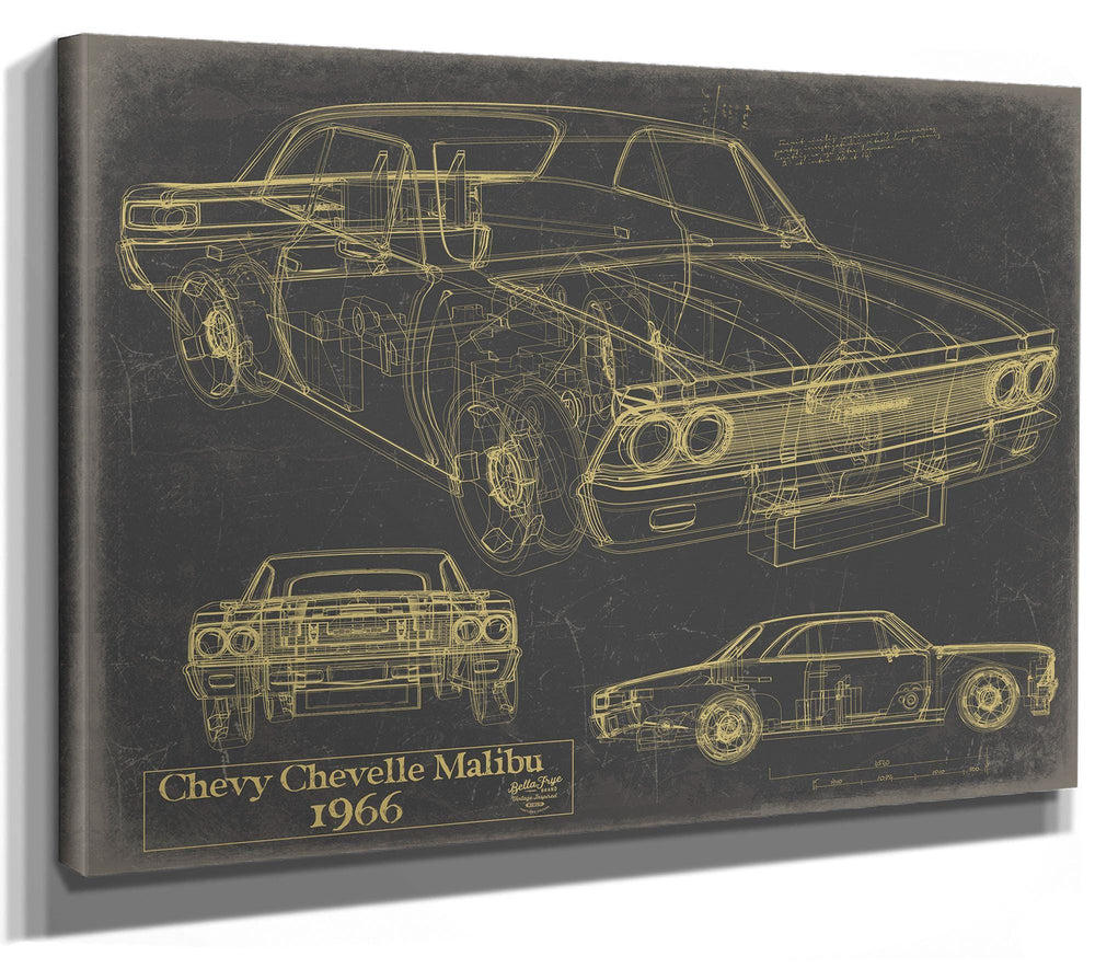 Cutler West 1966 Chevy Chevelle Malibu technical blueprint drawing on brown canvas wrap showing side, front, and detail views