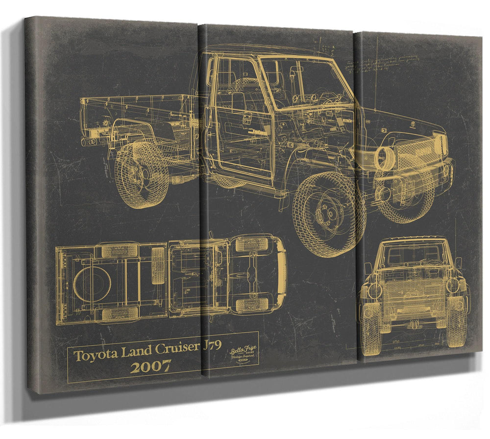Cutler West Toyota Land Cruiser J79 2007 technical blueprint with multiple views on brown stretched canvas