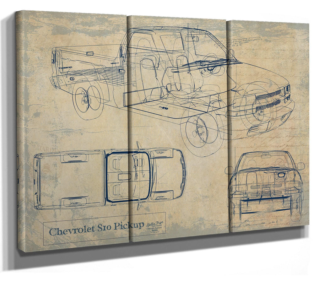 Cutler West Chevrolet S10 Pickup blueprint with multiple views on blue background, stretched canvas wrap