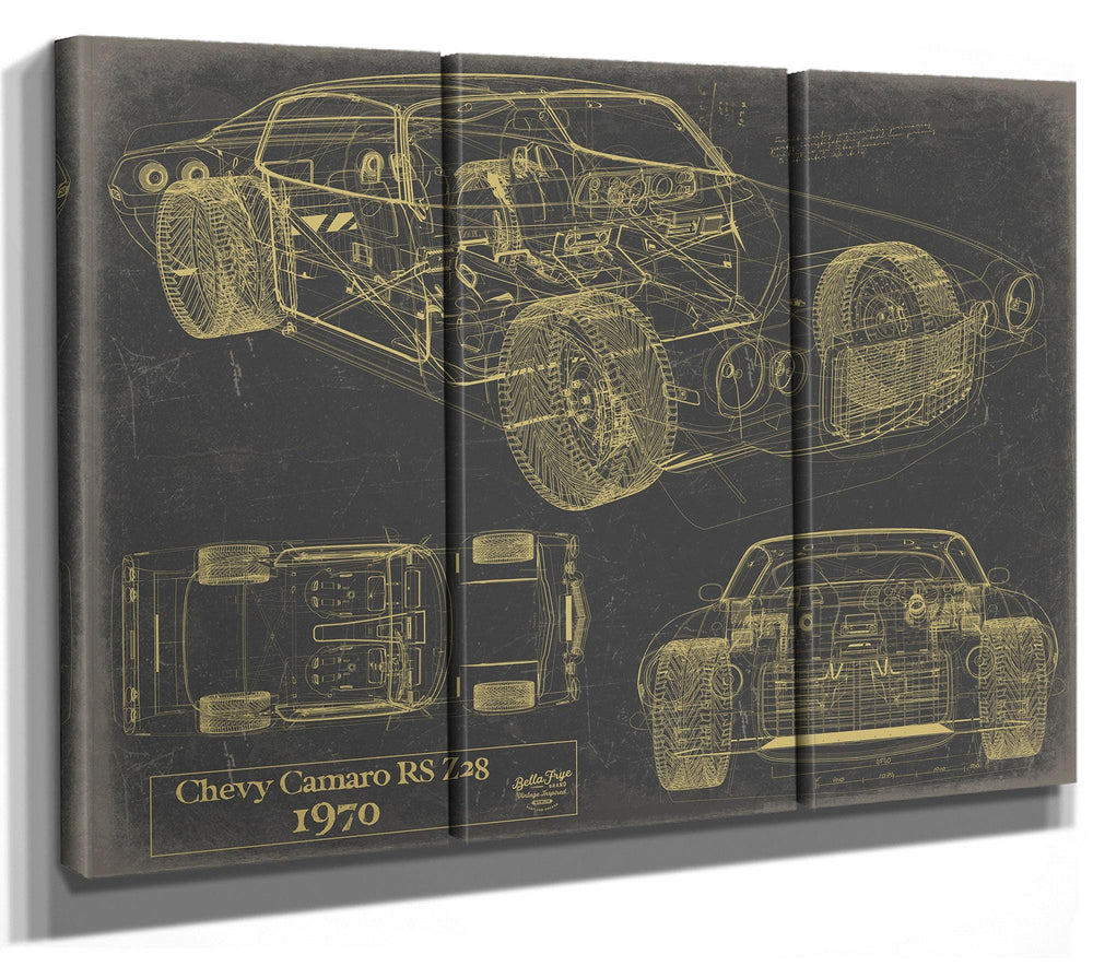 Cutler West Chevy Camaro RS Z28 1970 technical blueprint on brown canvas showing side, top, and front views