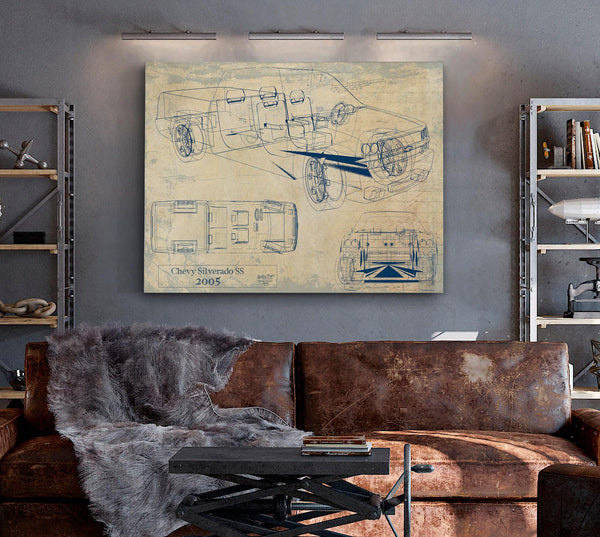Cutler West Vintage 2005 Chevrolet Silverado SS Truck Model Mancave Blueprint Art