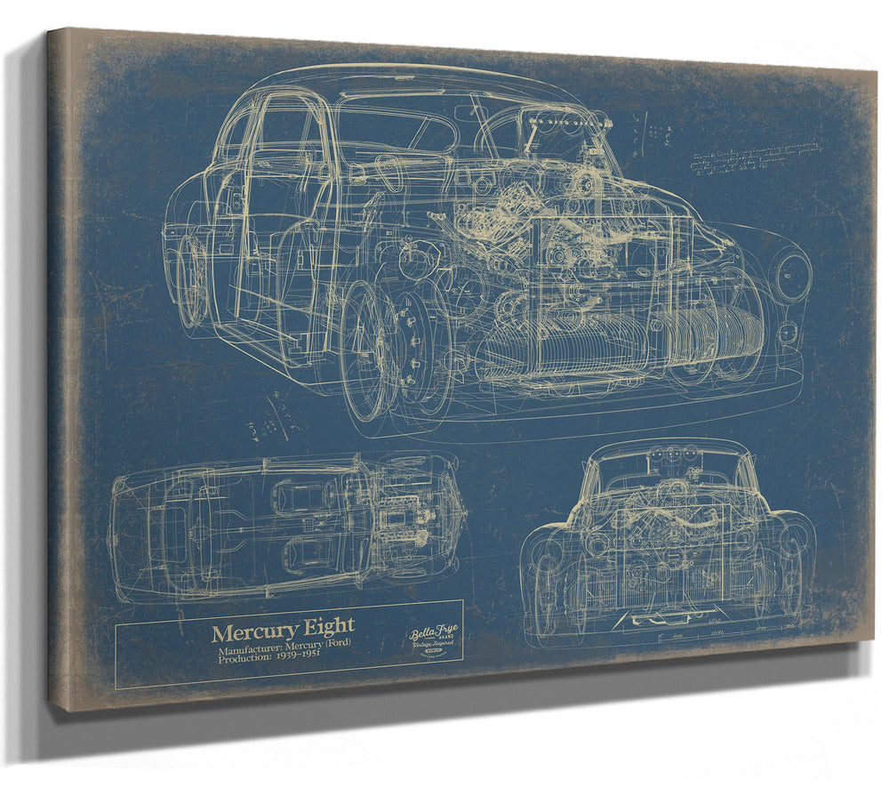 Cutler West Mercury Eight blueprint print on blue stretched canvas showing side elevation, top view, and engine diagram, 1939-1940 production