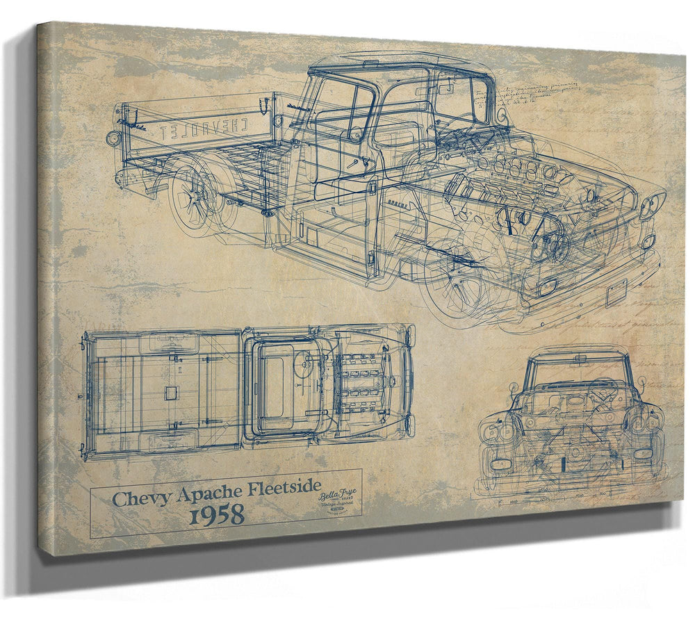 Cutler West 1958 Chevy Apache Fleetside technical blueprint on brown canvas wrap showing side, top, and front views