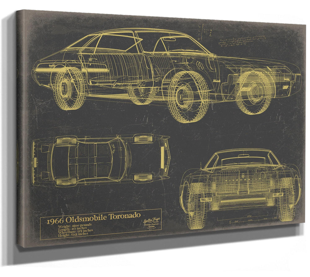 Cutler West 1966 Oldsmobile Toronado blueprint in gold on grey stretched canvas wrap showing side, top, and rear views