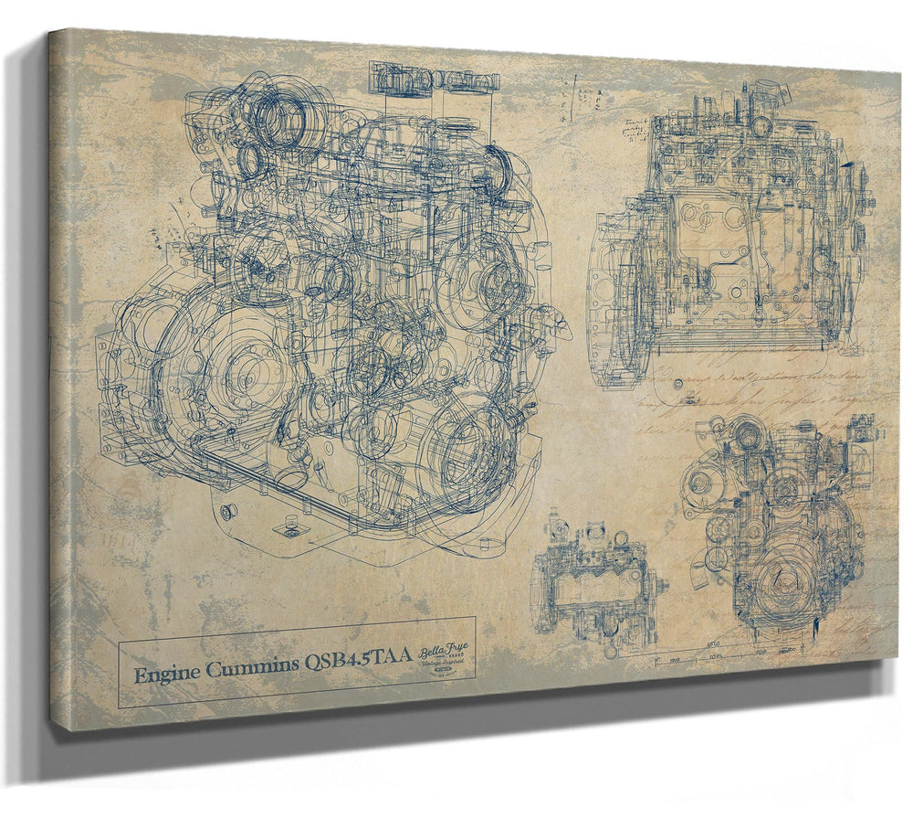 Cutler West Cummins QSB4.5TAA engine blueprint on brown stretched canvas with multiple technical views