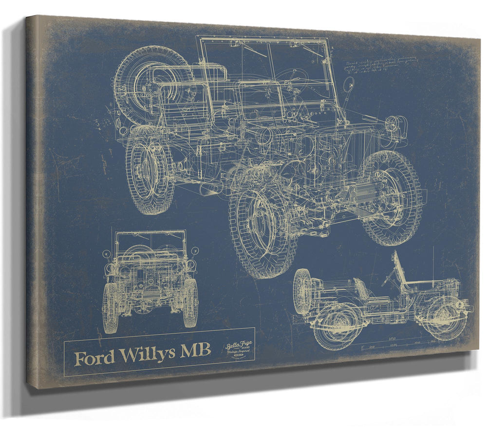 Cutler West Ford Willys MB blueprint art with side, front, and detail views on blue background, stretched canvas wrap