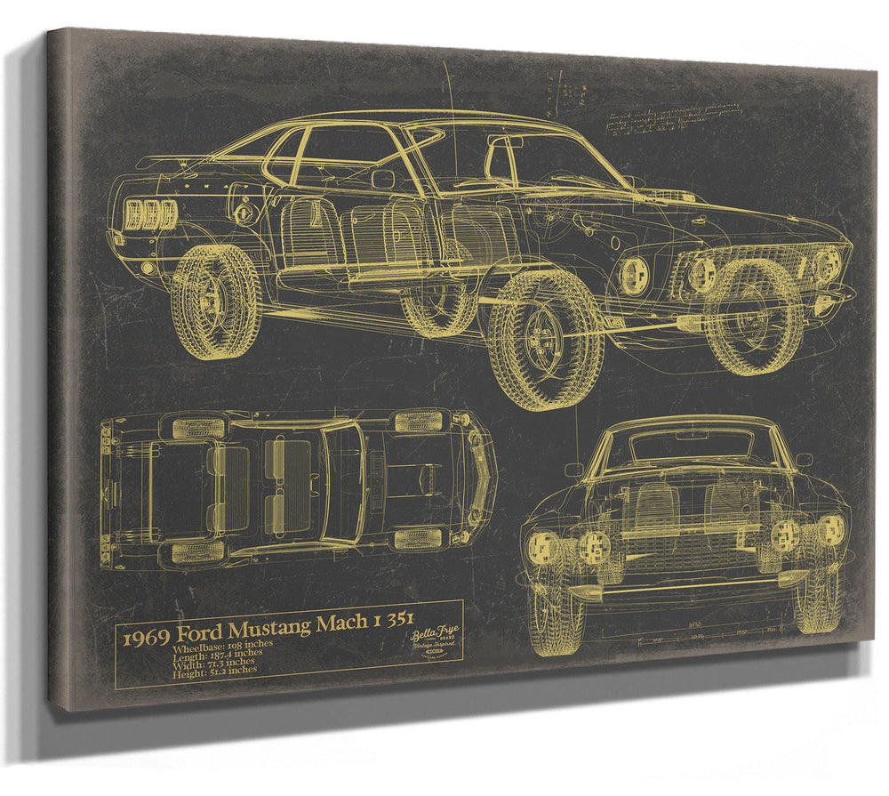 Cutler West 1969 Ford Mustang Mach 1 35T technical blueprint in gold on grey stretched canvas