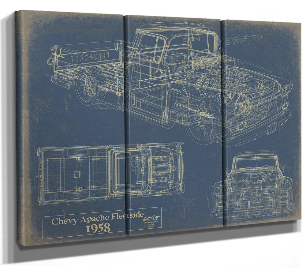 Cutler West 1958 Chevy Apache Fleetside technical blueprint on brown canvas wrap showing side, top, and front views