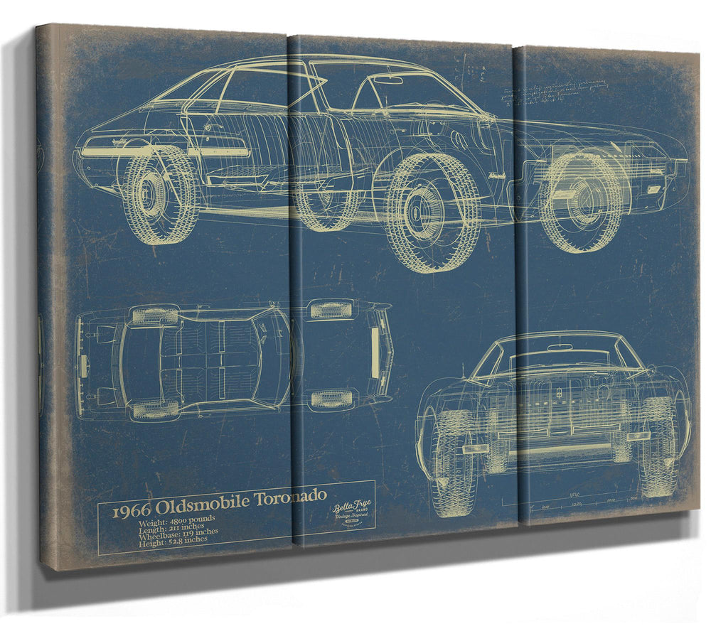 Cutler West 1966 Oldsmobile Toronado blueprint in gold on grey stretched canvas wrap showing side, top, and rear views