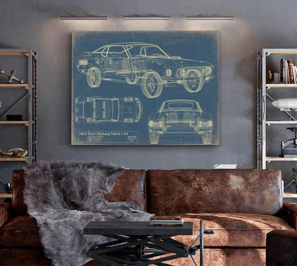 Cutler West 1969 Ford Mustang Mach 1 35T technical blueprint in gold on grey stretched canvas