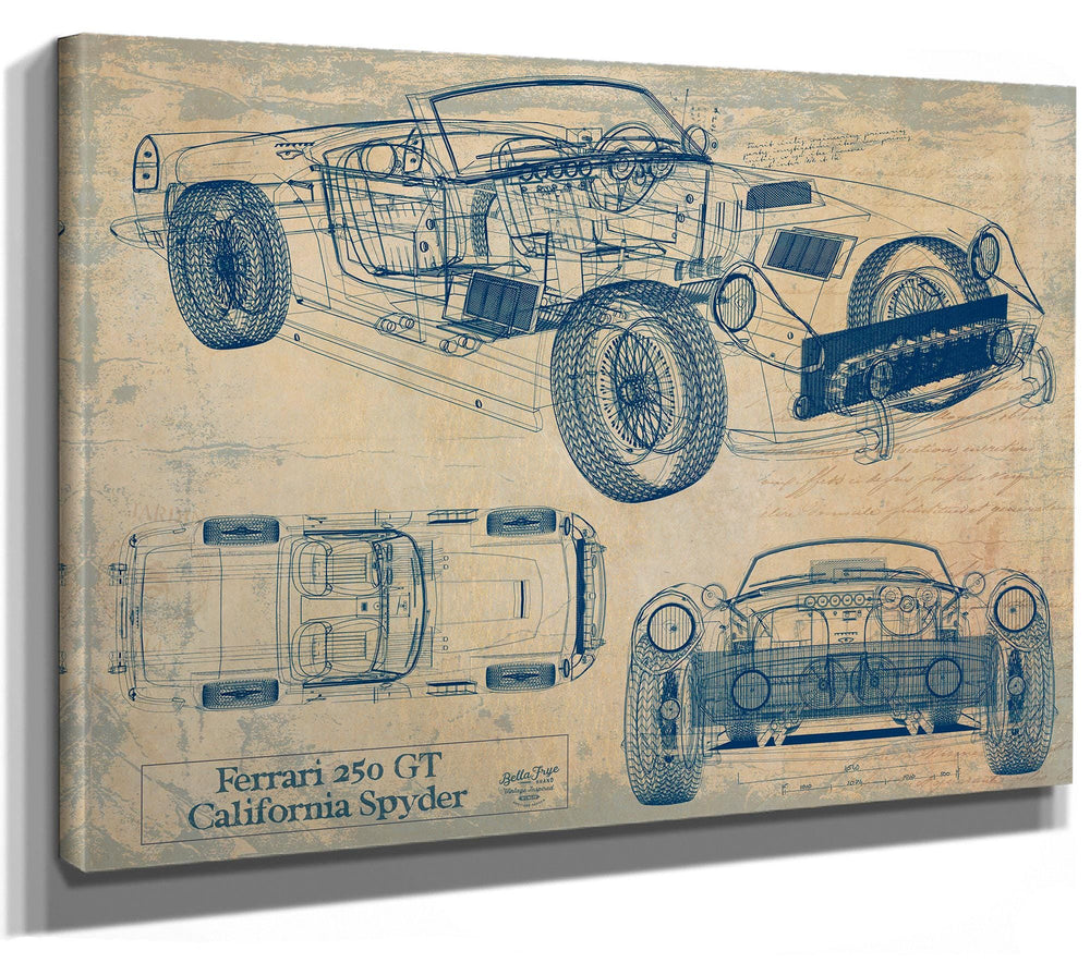 Cutler West Ferrari 250 GT California Spyder technical blueprint on brown stretched canvas wrap showing multiple vehicle views
