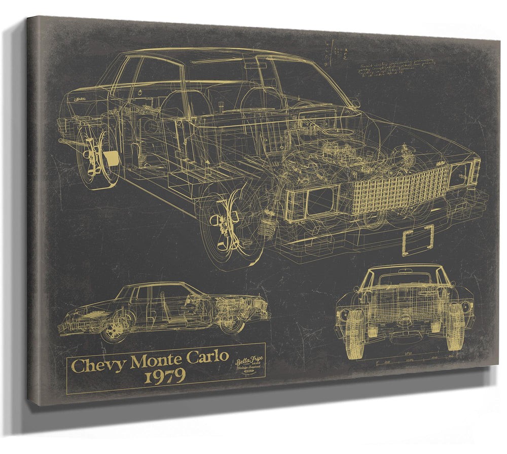 Cutler West 1979 Chevy Monte Carlo technical blueprint print on grey stretched canvas with cutaway and side views
