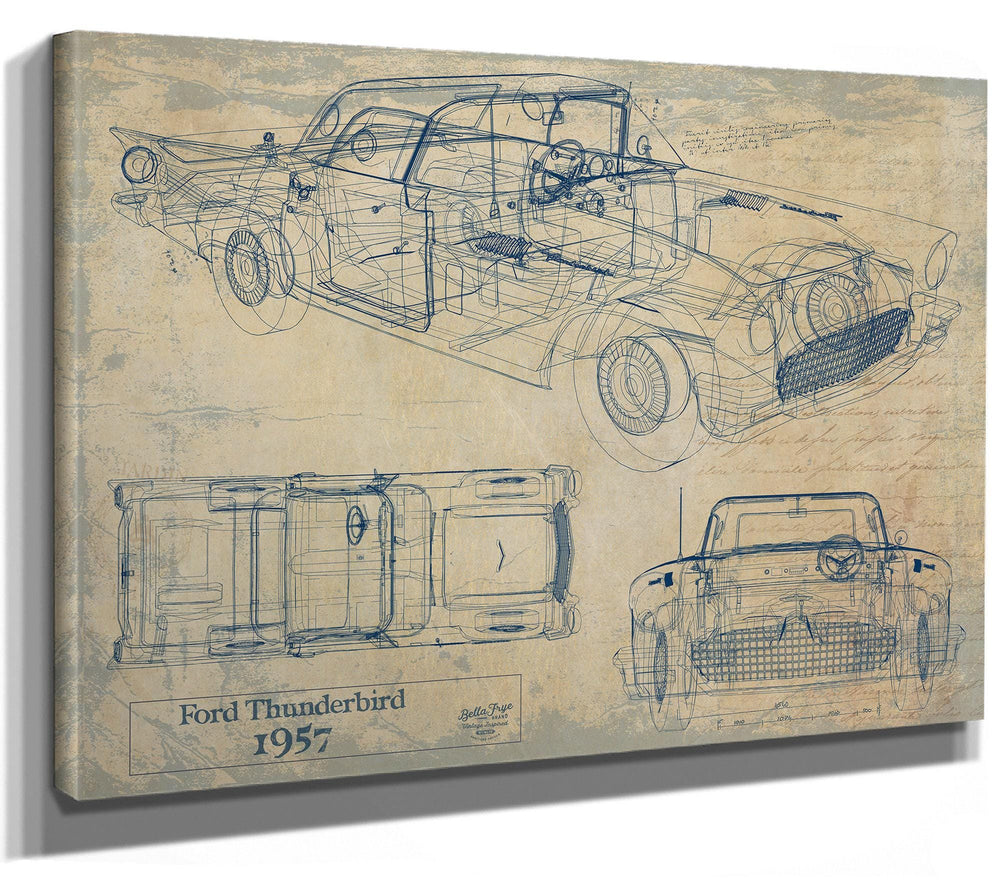 Cutler West 1957 Ford Thunderbird blueprint technical drawing on brown canvas wrap showing side, top and front views