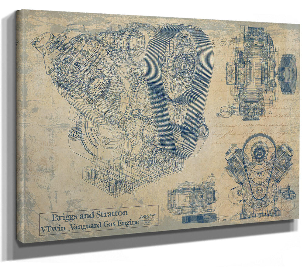 Cutler West Briggs and Stratton VTwin Vanguard Gas Engine technical blueprint on tan canvas wrap with multiple cross-section views