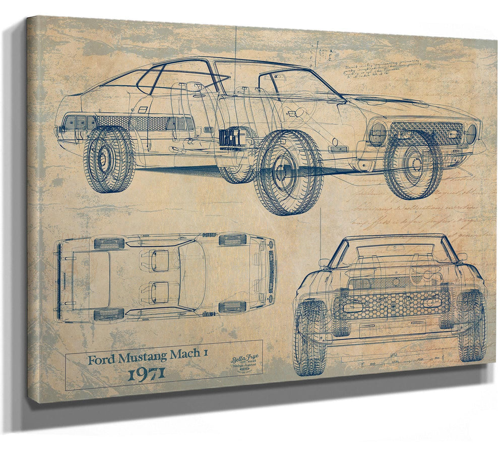 Cutler West Ford Mustang Mach 1 1971 technical blueprint with side, top, and front views on brown canvas wrap