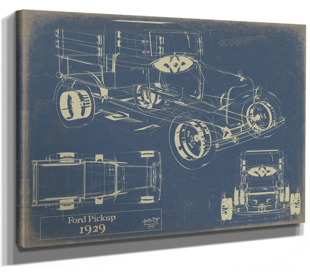 Cutler West 1929 Ford Pickup blueprint with multiple views on blue stretched canvas