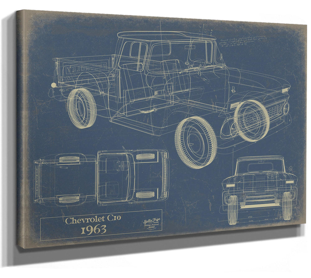 Cutler West 1963 Chevrolet C10 blueprint art on stretched canvas wrap with classic blue background