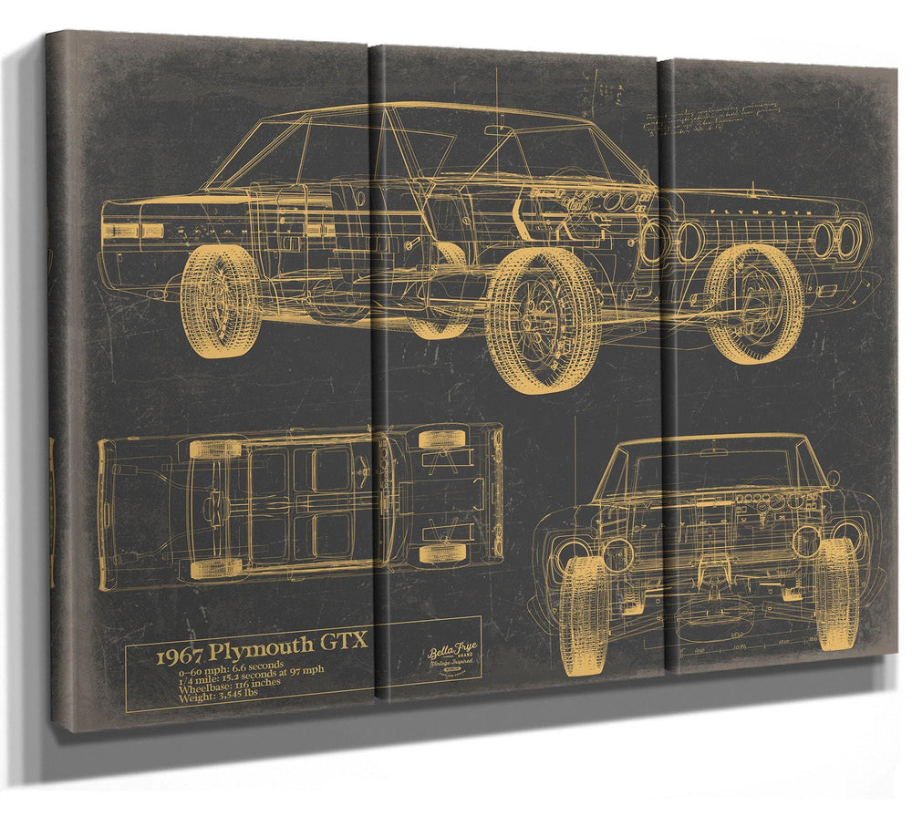 Cutler West 1967 Plymouth GTX blueprint with side, top, and front views on brown canvas wrap