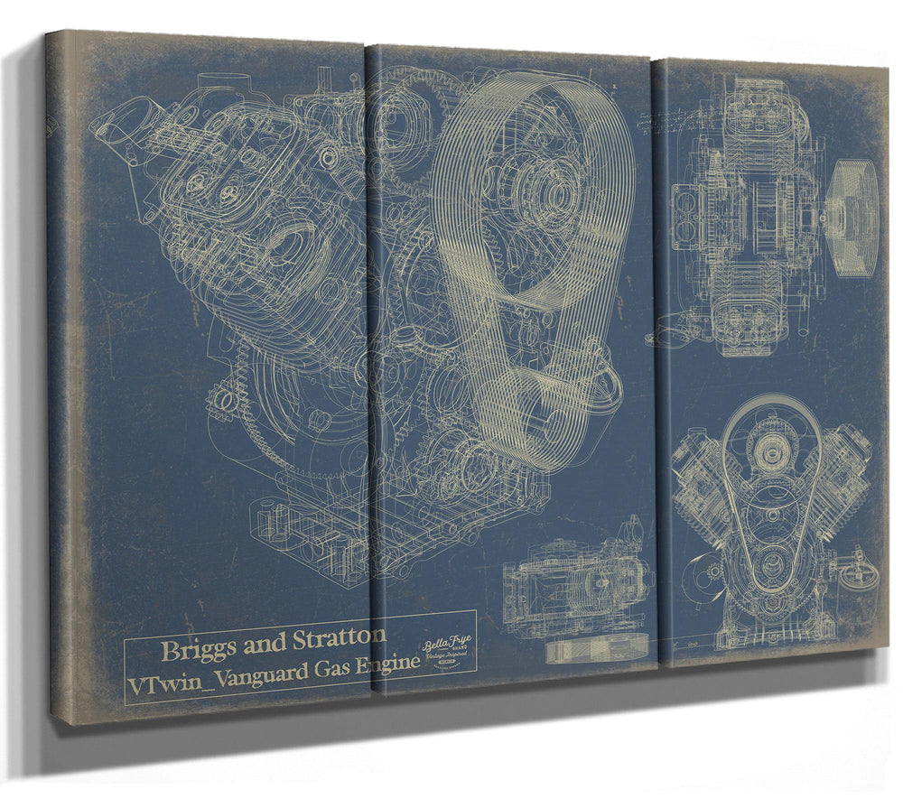 Cutler West Briggs and Stratton VTwin Vanguard Gas Engine technical blueprint on tan canvas wrap with multiple cross-section views