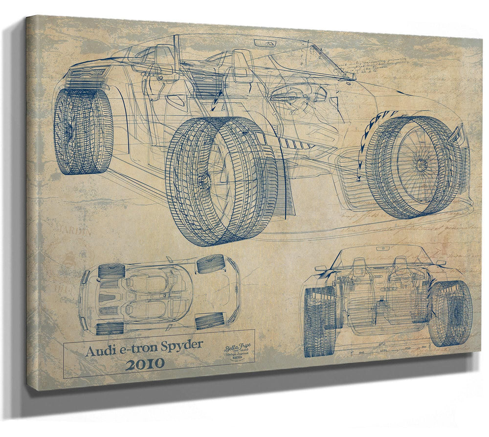 Cutler West Audi e-tron Spyder 2010 technical blueprint on brown stretched canvas showing side, top, and front views
