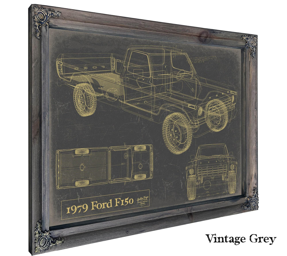 Cutler West 1959 Ford F150 pickup truck blueprint in gold on grey background with black wood frame