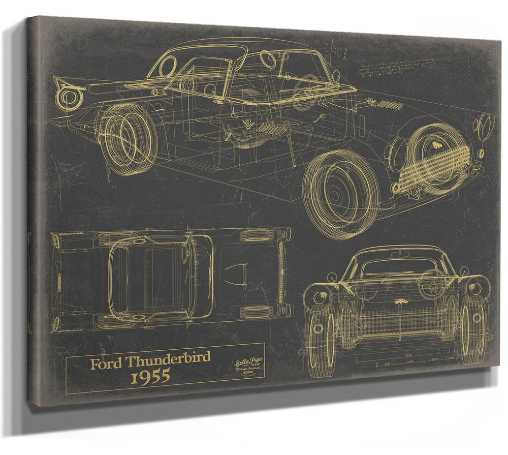 Cutler West Ford Thunderbird 1955 blueprint print on grey stretched canvas showing side, top, and front views in gold lines