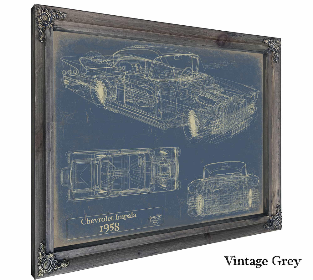 Cutler West 1958 Chevrolet Impala blueprint in grey with black wood frame, showing side elevation and top-down views