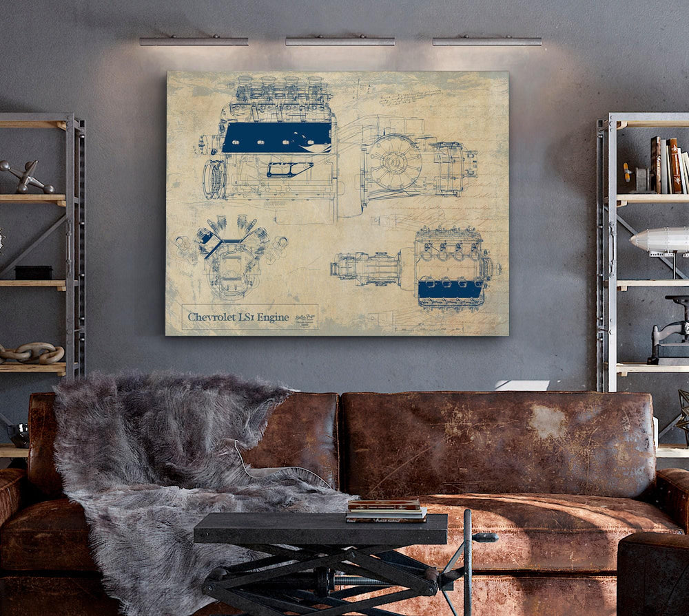 Cutler West Chevrolet LS1 Engine blueprint with multiple technical views on grey background, stretched canvas wrap