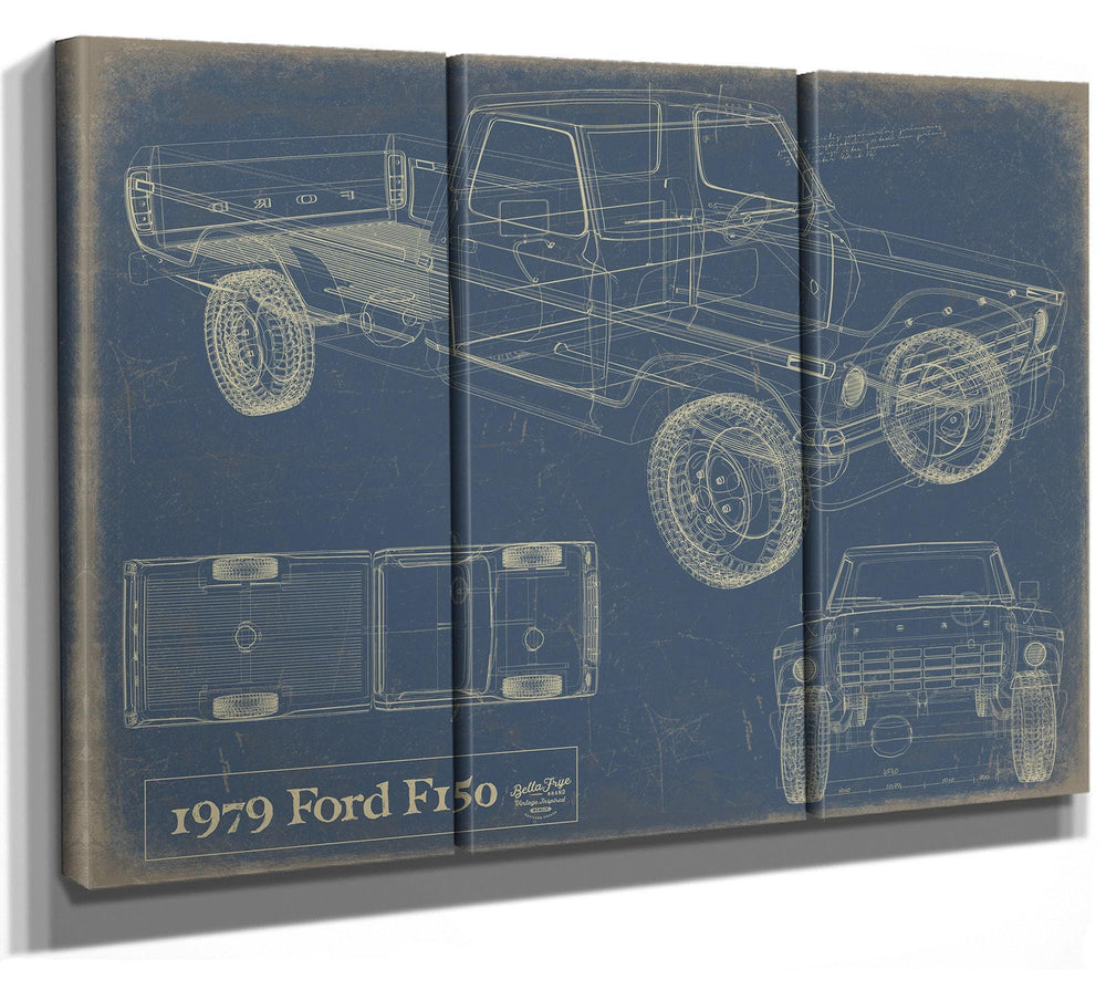 Cutler West 1959 Ford F150 pickup truck blueprint in gold on grey background with black wood frame